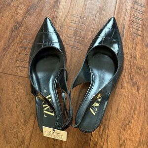 Zara Croc-Embossed Black Slingback Heels